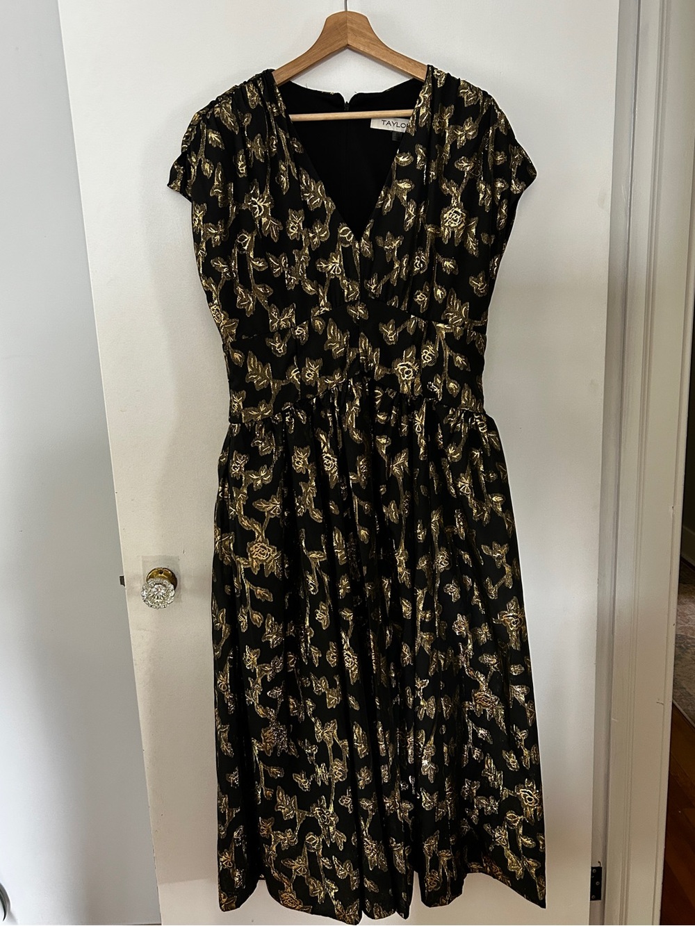 TAYLOR Black Gold Formal Midi Dress‎ Sz 12 A Line Brocade Event Party Wedding